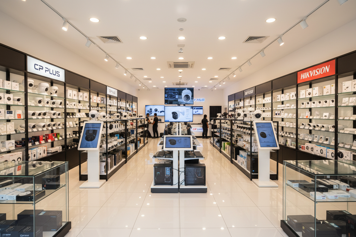 a shop with full of CP PLUS & HIKVISION cctv camers and computers