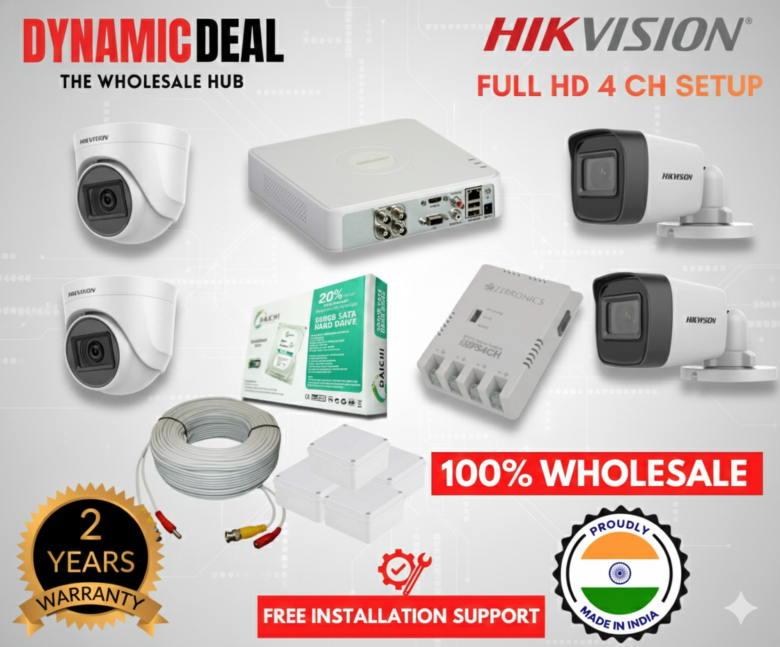 CCTV SETUP-HIKVISION 4 CH FHD DVR ,2MP FULL HD CAMERA X 4 NOS, 500GB SURVEILLANCE HDD, ALL ACCESSORIES